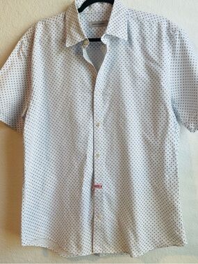 James Campbell White Short-Sleeve Button-Up with Blue Microdots